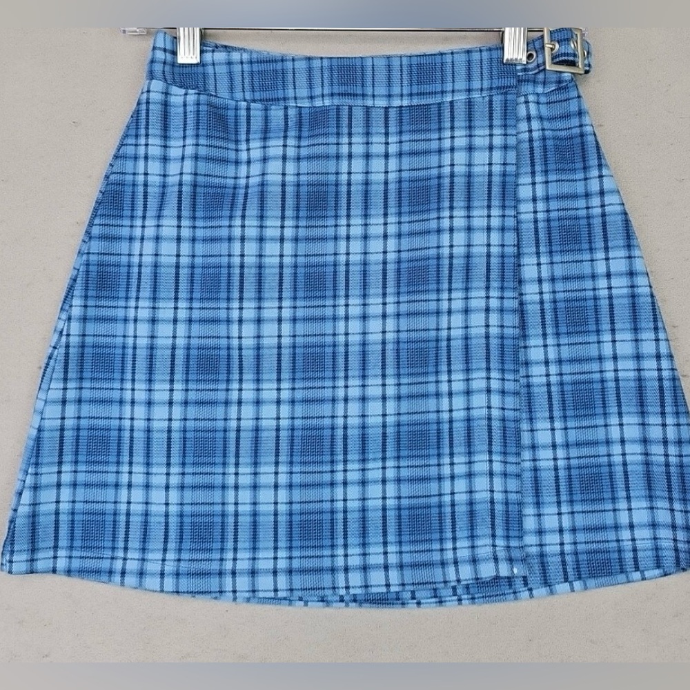 John Galt Blue Hued Plaid Women's Mini “Wrap” Skirt W/ Waist Buckle Detail.